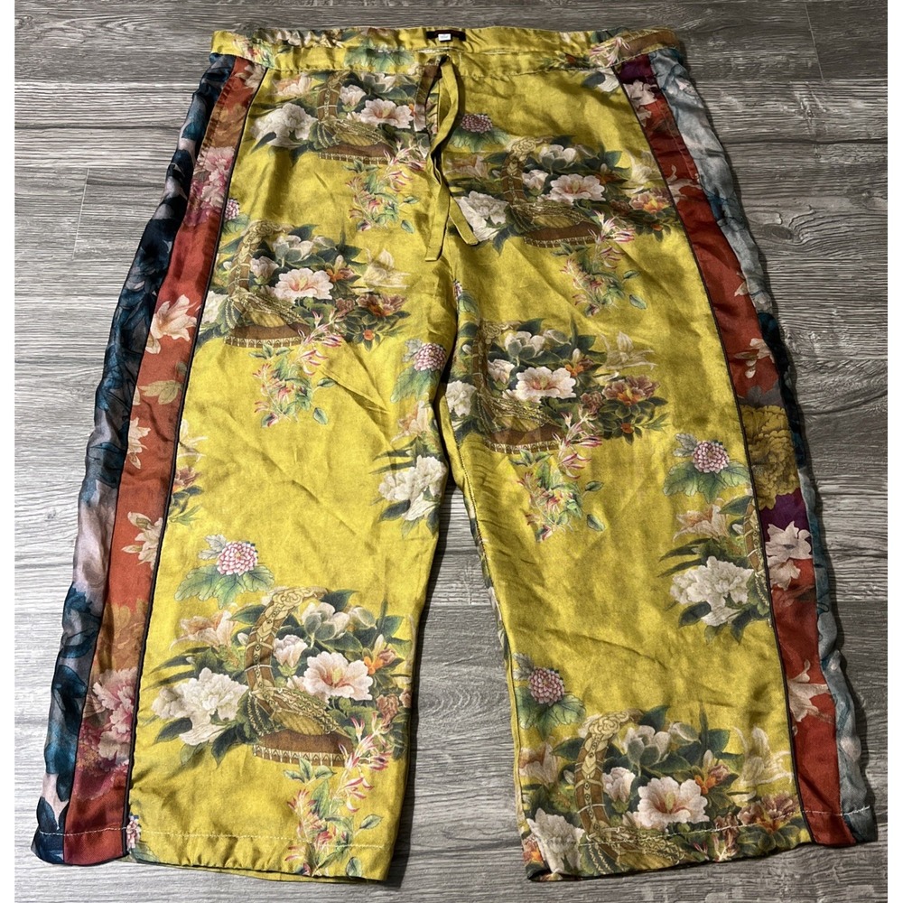 Johnny Was 100% Silk Floral Motif Boho Cropped WideLeg Golden Pant SZ M (40x20) - Picture 2 of 15
